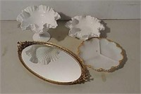 Vanity mirror and 3 serving dishes