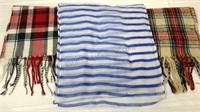 Three scarves, red white and blue plaid fringe