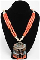 Indian or Tibetan Coral & Bone Necklace w. Pendant