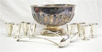 11 pcs. Silver Plate Punch Bowl, Cups & Ladels