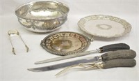 7 pcs. Silver Plate Dishes & Bone Serving Knives