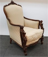 Victorian Revival Carved Wood Upholstered Armchair