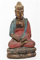 Asian Carved & Polychrome Wood Seated Buddha