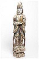 Chinese Guanyin Sculpture, Carved Polychrome Wood