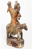 Chinese Carved Polychrome Wood Horseback Warrior