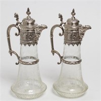 Claret Jugs, Repousse Silver & Etched Crystal Pair