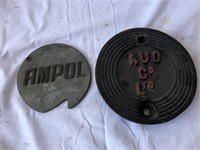2 x  ground cover lids Ampol & AUO co