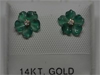14 KT 2 Diamond Avanturine Flower 0.024ct Earrings