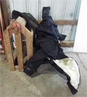 Saddle stand, (2) Horse covers, rain suit, etc.