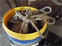 Horse lead ropes, (3) 5 Gallon buckets and (2)