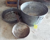 Large galvanized bucket, oil pan and aluminum fry