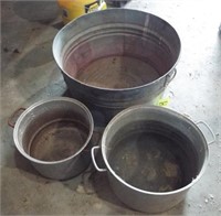 Large galvanized bucket and aluminum pots. Bucket