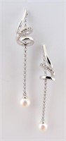 14K White Gold Pearl, Diamond Spiral Drop Earrings