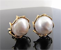Pair of 14K Yellow Gold Mabe Pearl Clip Earrings