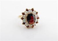 Yellow Gold Garnet and Opal Ring