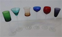 Set six French coloured glass liqueur glasses