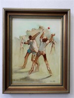 Bette Hayes Cricket Players oil on board
