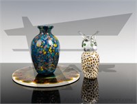 Art Glass Owl, Signed Vase, and Ceramic Tile