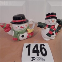 TWO SMALL SNOWMAN TEAPOTS 4.5 IN