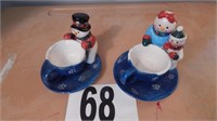 TWO SNOWMAN TEACUP CANDLE HOLDERS