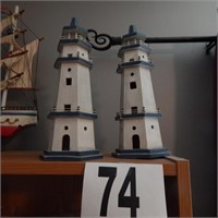 TWO WOODEN LIGHTHOUSE DECORATIONS