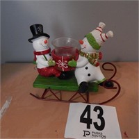 SNOWMAN SLED CANDLE HOLDER 9 IN