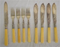 9 pcs. Bone Handle Silver Plate Knives & Forks