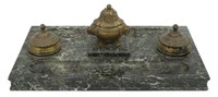 FRENCH GREEN MARBLE DOUBLE INKSTAND DESK TRAY