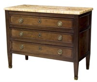FRENCH LOUIS XVI STYLE MARBLE TOP MAHOGANY COMMODE