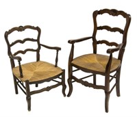 (2) FRENCH LOUIS XV STYLE OAK HIS & HERS ARMCHAIRS
