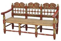 SPAIN THREE SEAT PARCEL GILT PAINTED BENCH, 19TH C
