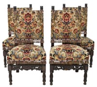 (4) SPANISH BAROQUE STYLE OAK CARVED DINING CHAIRS