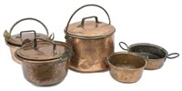 (5)  FRENCH COPPER & IRON COOKING CAULDRONS / POTS