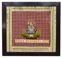 FRENCH SIGNED FIGURAL NEEDLEPOINT EMBROIDERY