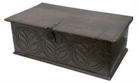 ANTIQUE ROUNDEL CARVED OAK BIBLE BOX, 18TH/19THC.