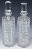 (2) CYLINDRICAL OCTAGONAL CANE CUT GLASS DECANTERS