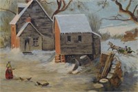 FRAMED OIL ON CANVAS WINTER GENRE PAINTING