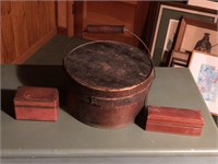 (3) Early cheese box, 2x leather mini boxes