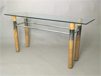 Mid Century Modern Glass, Chrome & Wood Table