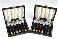 Two cased sets of English silver demitasse spoons