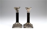 Pair of English silver column form candlesticks