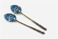 Pair of Russian silver and enamel spoons
