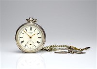 Waltham open face silver pocket watch & fob chain