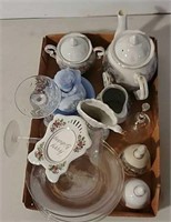 Glass, bells, teapot, sugar and creamer