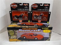 COLLECTORS SHOWCASE & TWO(2) 1:18 HARLEYS