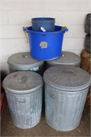 4 Aluminum Trash Cans, Plastic Tub,15 Buckets