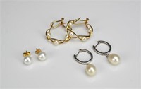 Three pairs of gold and pearl earrings