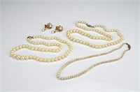 Three pearl necklaces & gold and pearl earrings