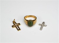 Two gold and diamond crosses & a gold ring