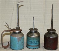 3 oil cans, Blue w/pump 10" high, Blue marked